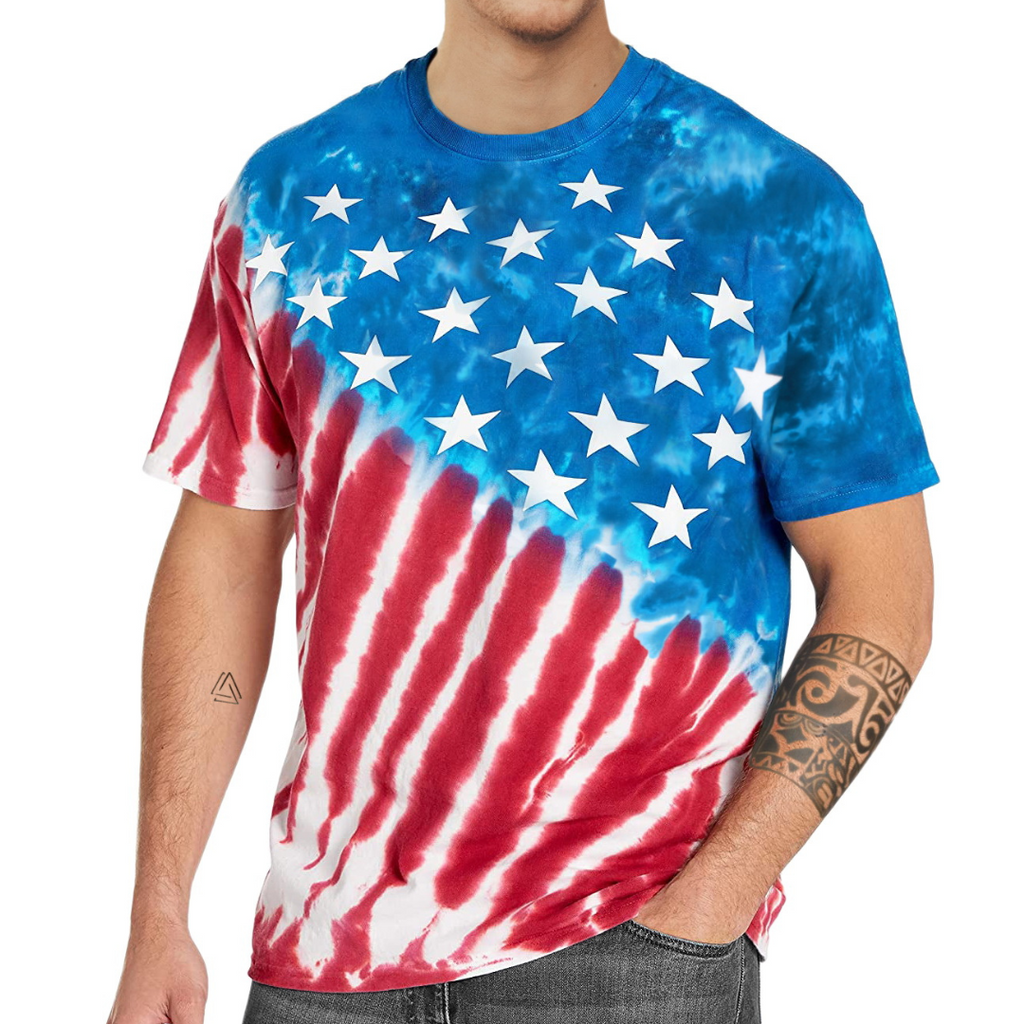vibrant tie-dye design in red, white, and blue, with screen-printed white stars