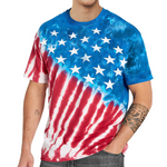Load image into Gallery viewer, vibrant tie-dye design in red, white, and blue, with screen-printed white stars