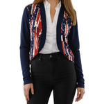 Load image into Gallery viewer, Women's Made in USA Patriotic Twist – Stars & Stripes Cardigan with Navy Sleeves