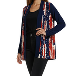 Load image into Gallery viewer, Women's Made in USA Patriotic Twist – Stars & Stripes Cardigan with Navy Sleeves