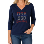 Load image into Gallery viewer, USA 250 Years Strong Rhinestone 3/4 Sleeve V-Neck Shirt