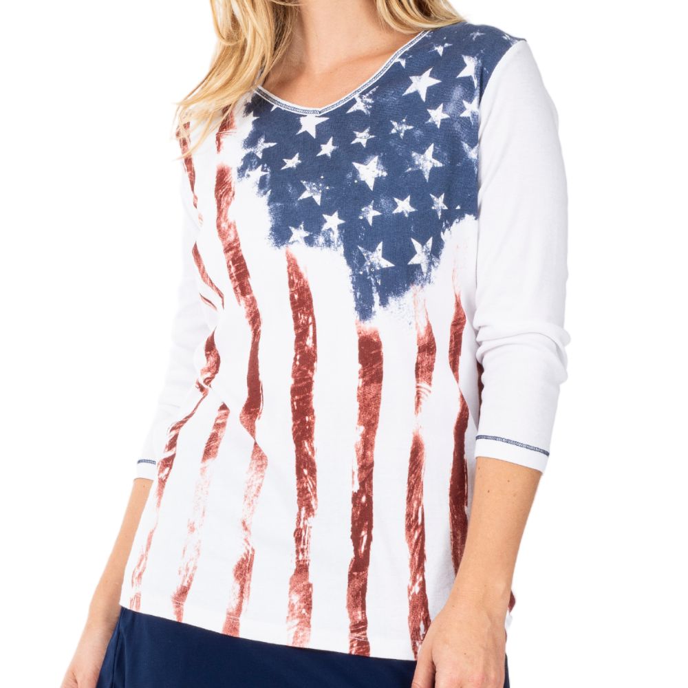 Xmarks Women American Flag Print Tee LOVE Cutout Sleeve Blouse T