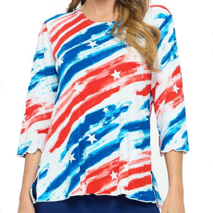 Women's Made in USA Paintbrush Stars and Stripes 3/4 Sleeve Top