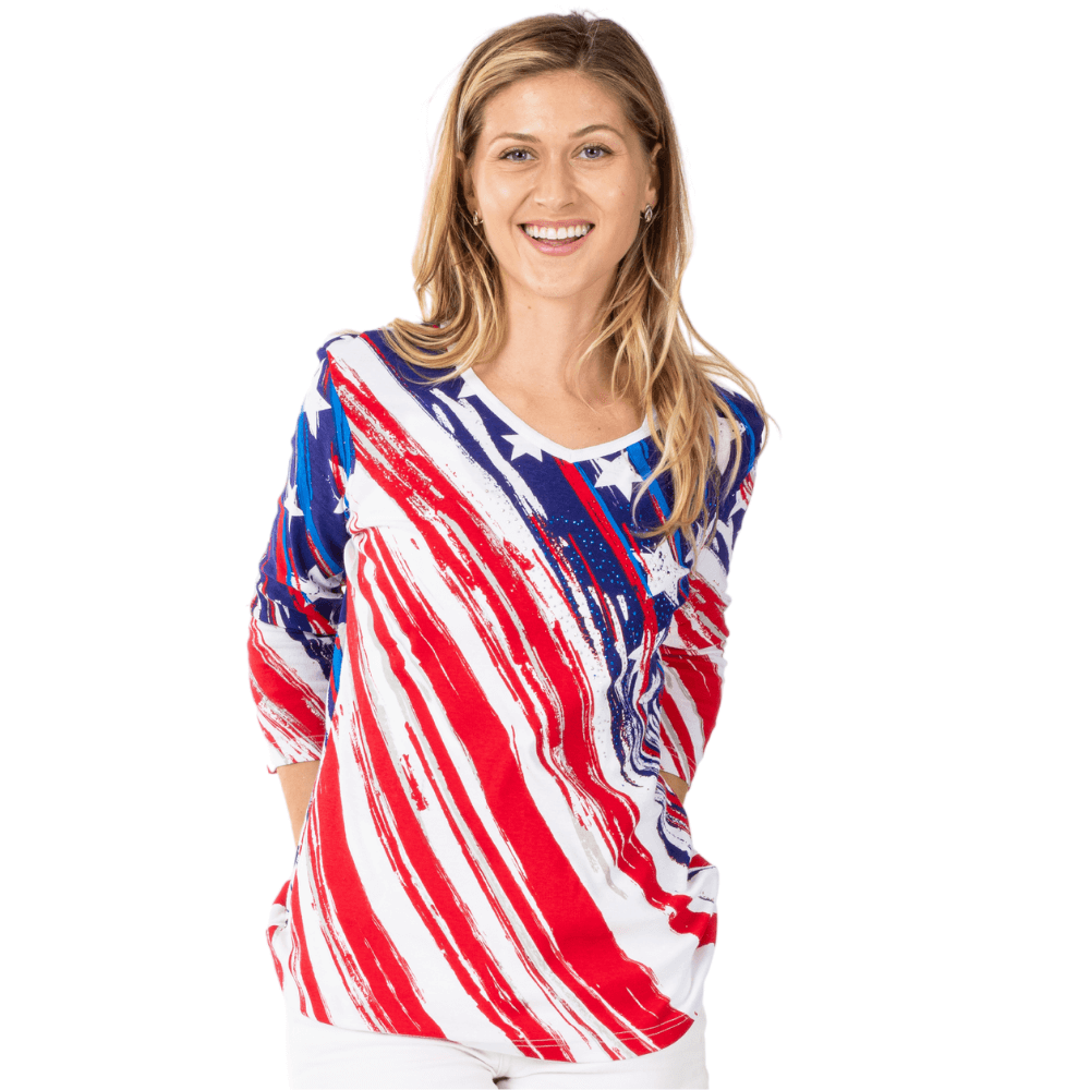 Women's Stars and Stripes American Flag 3/4 Sleeve Top