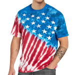 Load image into Gallery viewer, vibrant tie-dye design in red, white, and blue, with screen-printed white stars
