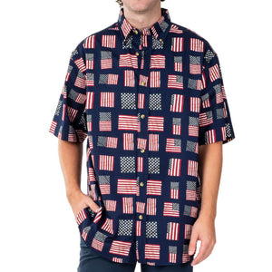 Men's Flag Print Button Up Short Sleeve Shirt