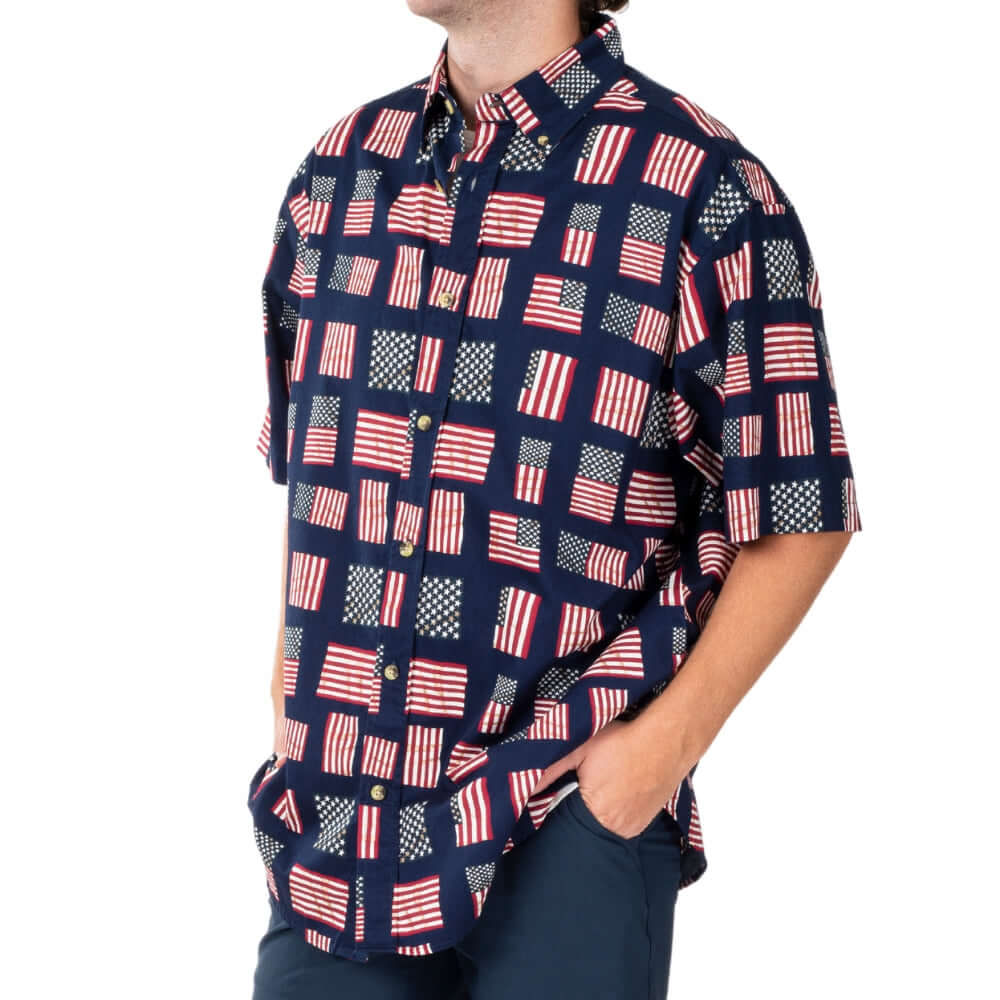 Men's Flag Print Button Up Short Sleeve Shirt