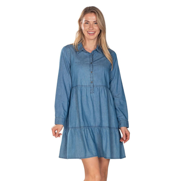 Long Sleeve Denim Tiered Dress