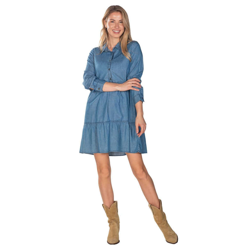 denim tiered shirt dress Denim Tiered Button Front Shirt Dress