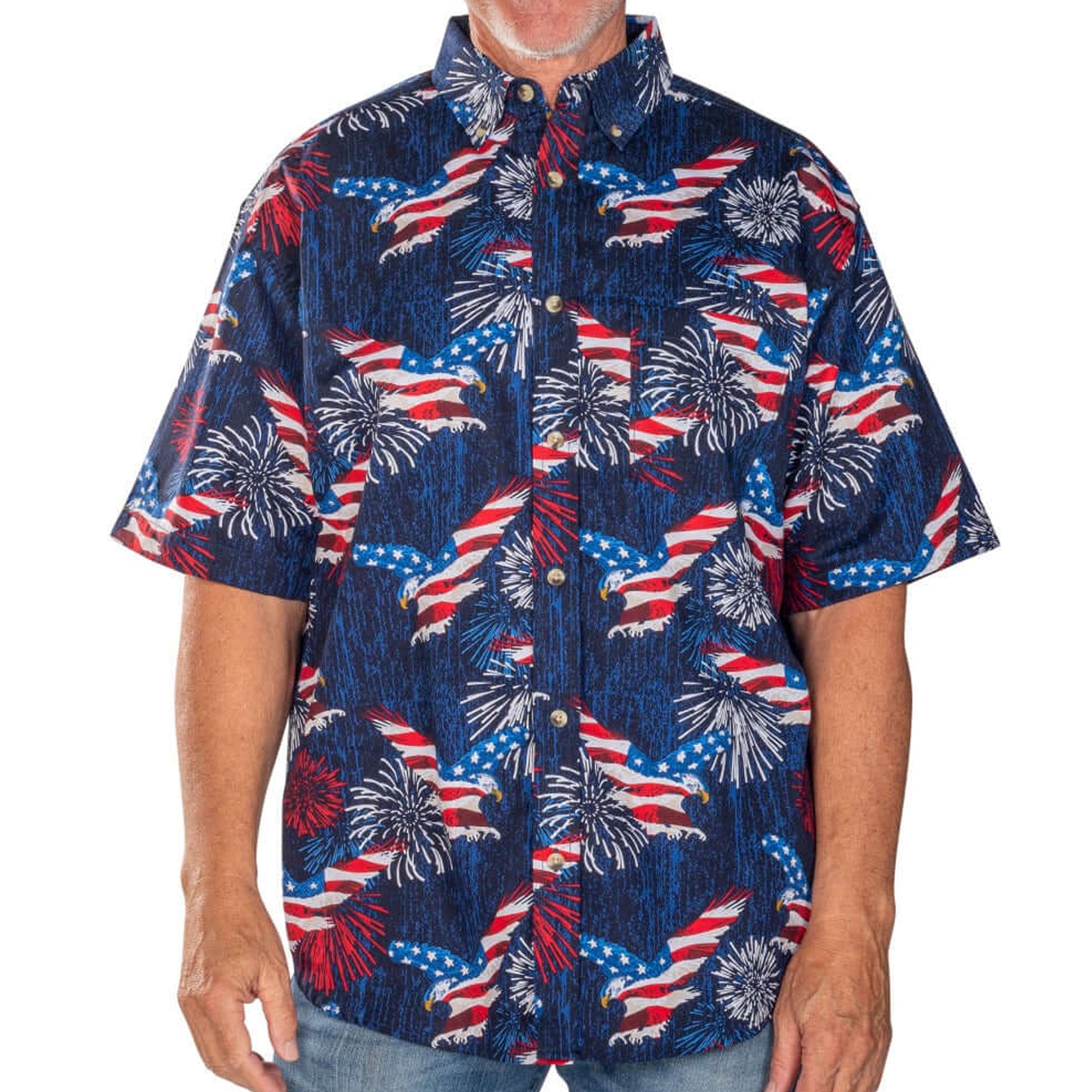 Men's Eagle Fireworks 100% Cotton Button Down Short Sleeve Shirt