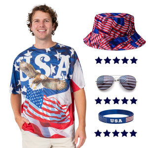 Men's USA Eagle Flag Shirt, Hat, Sunglasses, and Wristband Set