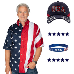 Men's Stars and Stripes Button Down Shirt, Hat, and Wristband Bundle