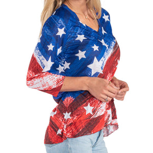 Women's Water Color Stars and Stripes 3/4 Sleeve Criss Cross Top