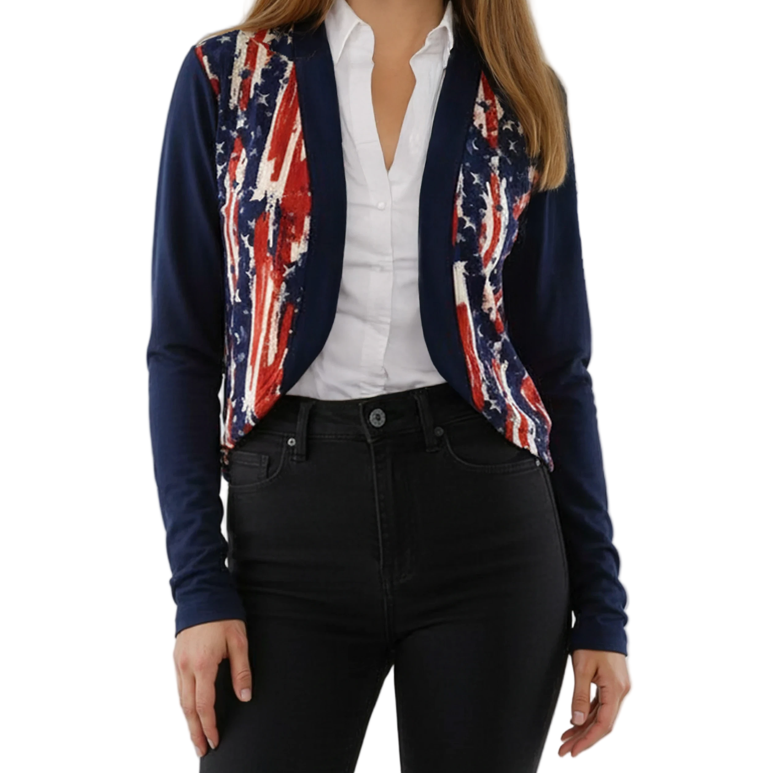 Women's Made in USA Patriotic Twist – Stars & Stripes Cardigan with Navy Sleeves