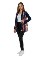 Load image into Gallery viewer, Women&#39;s Made in USA Patriotic Twist – Stars &amp; Stripes Cardigan with Navy Sleeves
