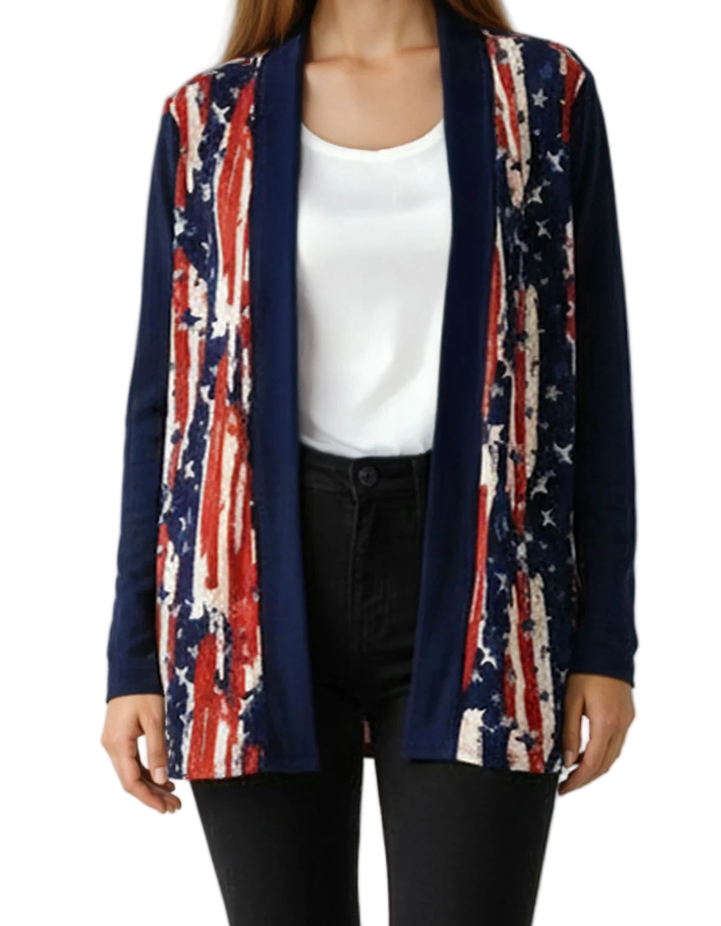 Women's Made in USA Patriotic Twist – Stars & Stripes Cardigan with Navy Sleeves