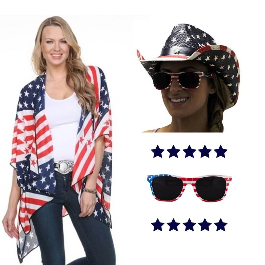Women's Patriotic Vest, Cowboy Hat, and Sunglasses Bundle