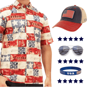 Men's Vintage Freedom Button Down Shirt, Hat, Sunglasses and Wristband Bundle