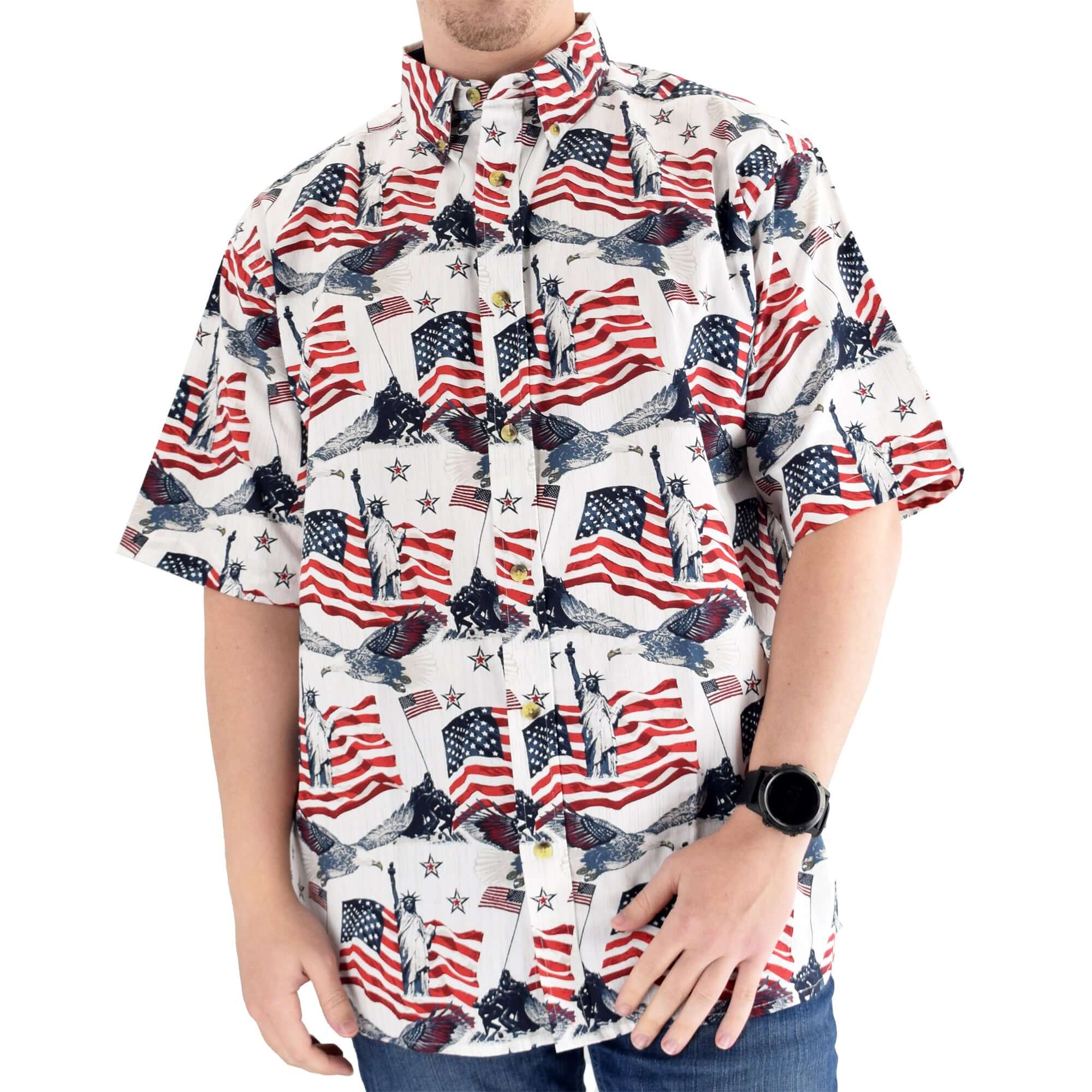 Men's Woven Button-Up Flags & Statue Shirt - the flag shirts