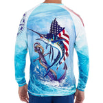 Load image into Gallery viewer, Men&#39;s Patriotic Marlin USA UPF 30 Fishing Performance Rash Guard
