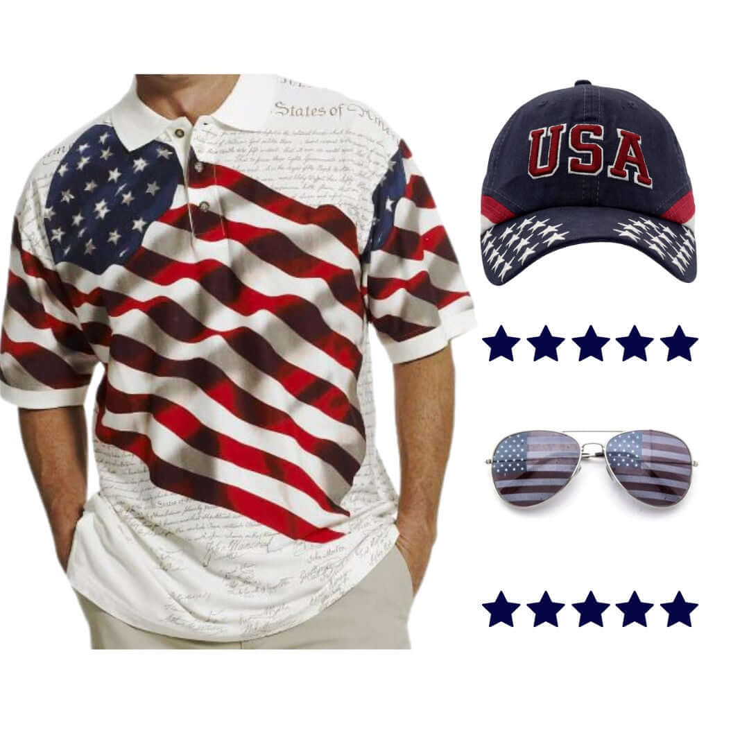 Men's Waving Flag Polo Shirt, Hat, and Sunglasses Bundle