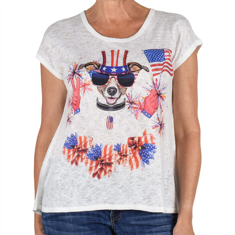 Women's Made in USA Cap Sleeve Patriotic Dog Top