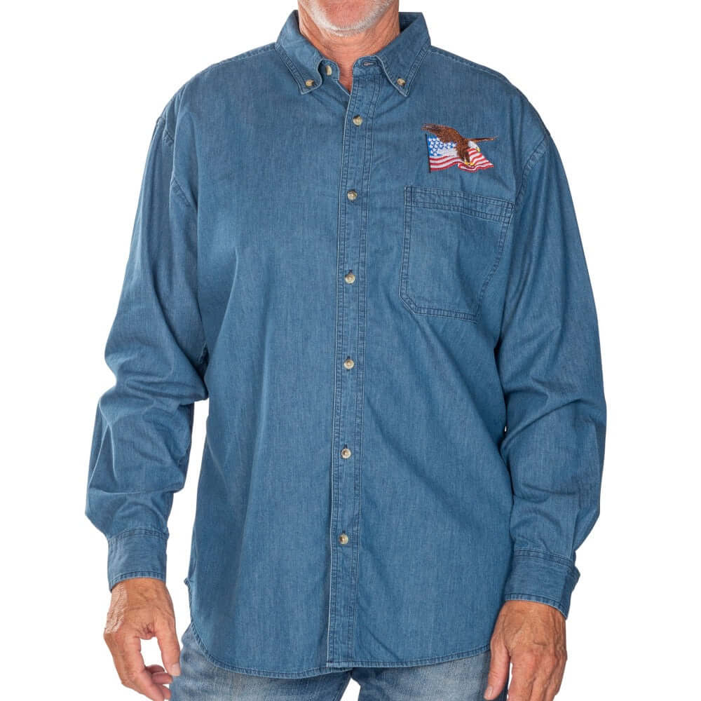 Men's Eagle Embroidery Denim Button Down Shirt