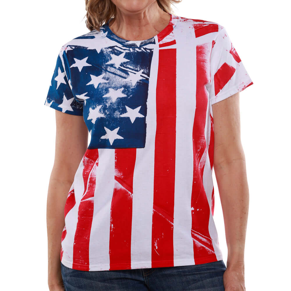 Women's American Flag Hand Silk Screen T-shirt