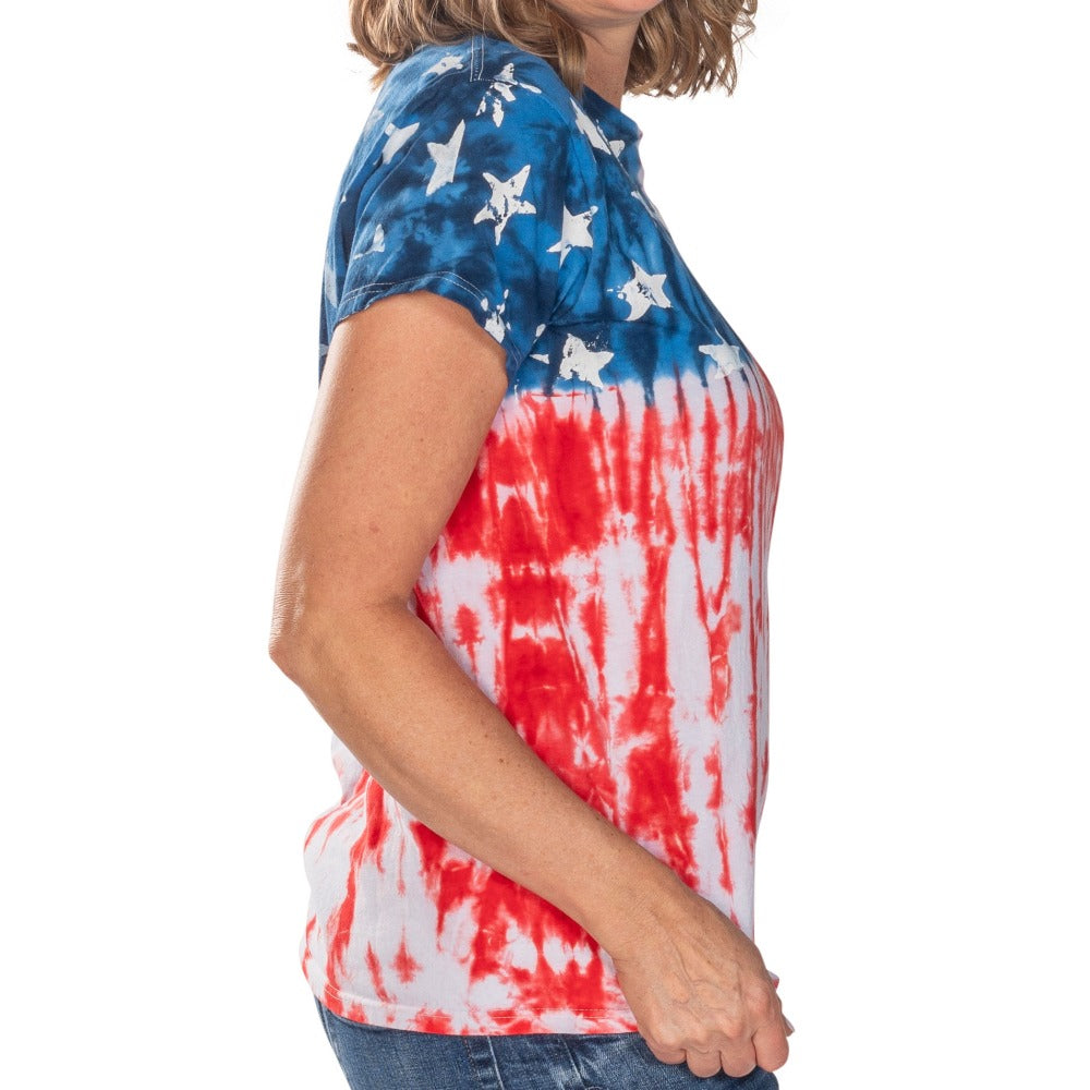Women's Patriotic Tie Dye Painted Stars T-Shirt