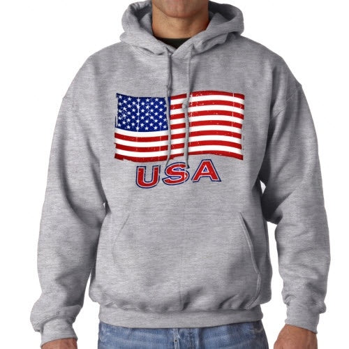 Waving American Flag Mens Hooded Sweatshirt - Grey - theflagshirt