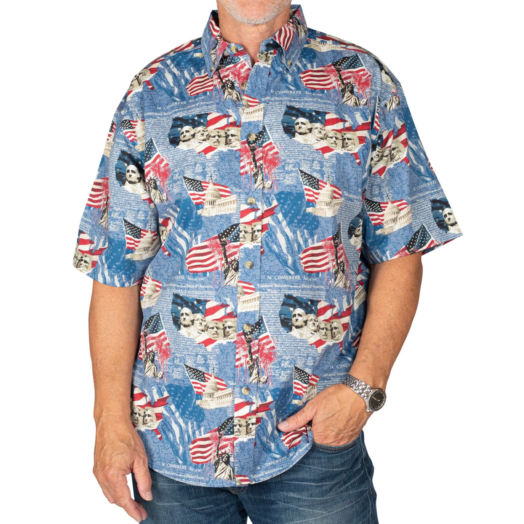 Men's Independence 100% Cotton Button Down Short Sleeve Shirt - the flag shirt