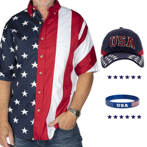 Men's Stars and Stripes Button Down Shirt, Hat, and Wristband Bundle