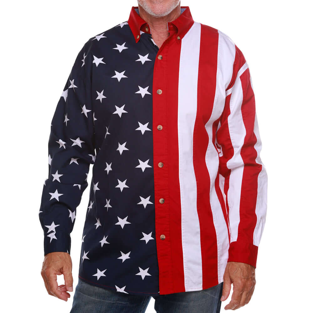 Linda Anderson | Men's 100% Cotton Stars and Stripes Long Sleeve Button-Up Shirt | Red/White/Blue Linda Anderson | Men's 100% Cotton Stars and Stripes Long Sleeve Button-Up Shirt | Red/White/Blue