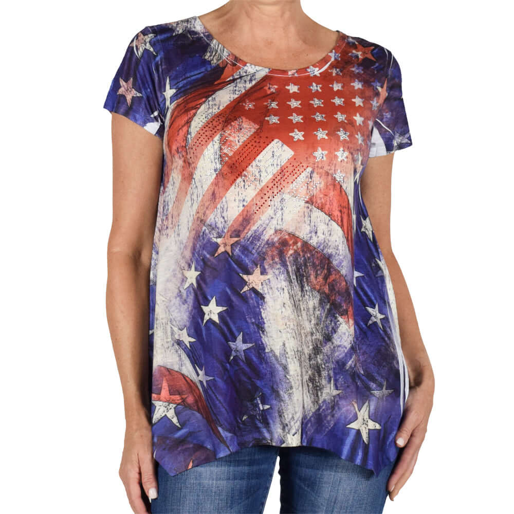 Women's Made in USA Rhinestones Stars and Stripes T-Shirt