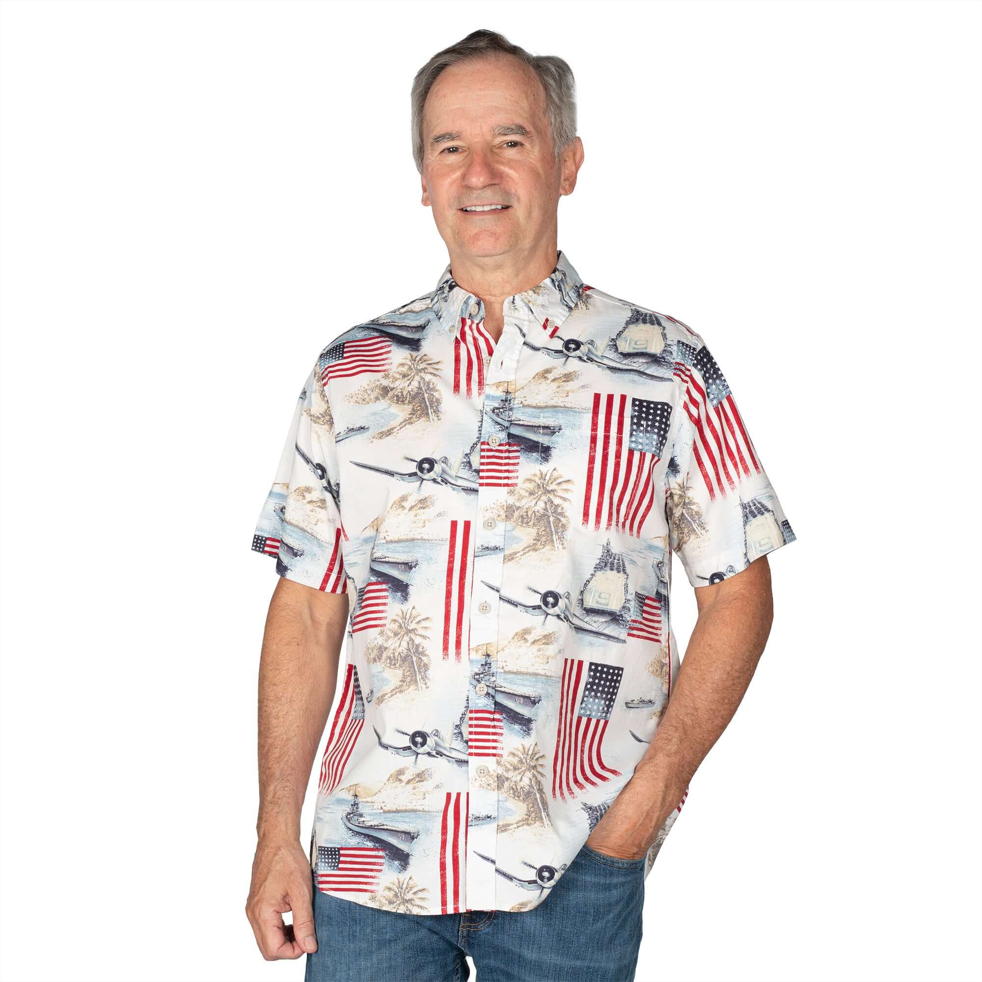 Men's Battleship American Flag 100% Cotton Button-Down Short