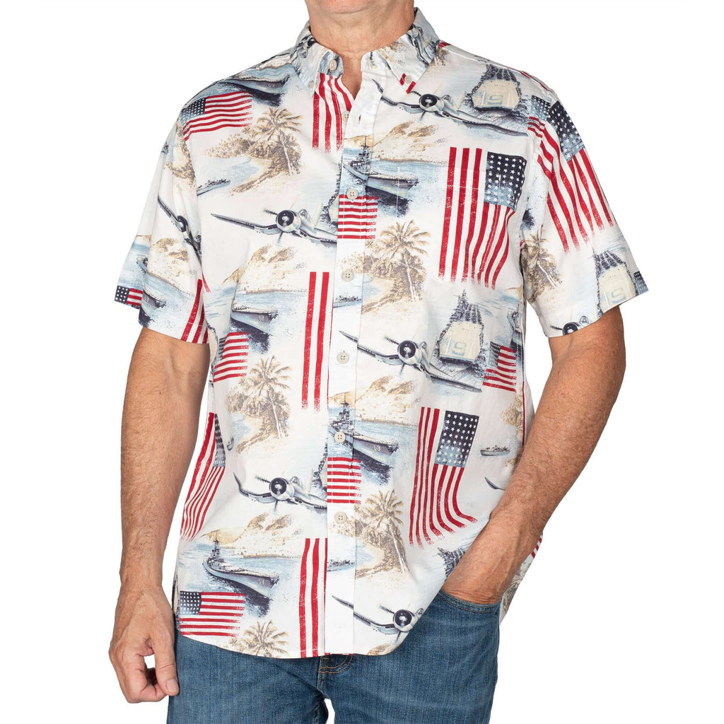 Men's Battleship American Flag 100% Cotton Button-Down Short Sleeve Shirt - the flag shirt