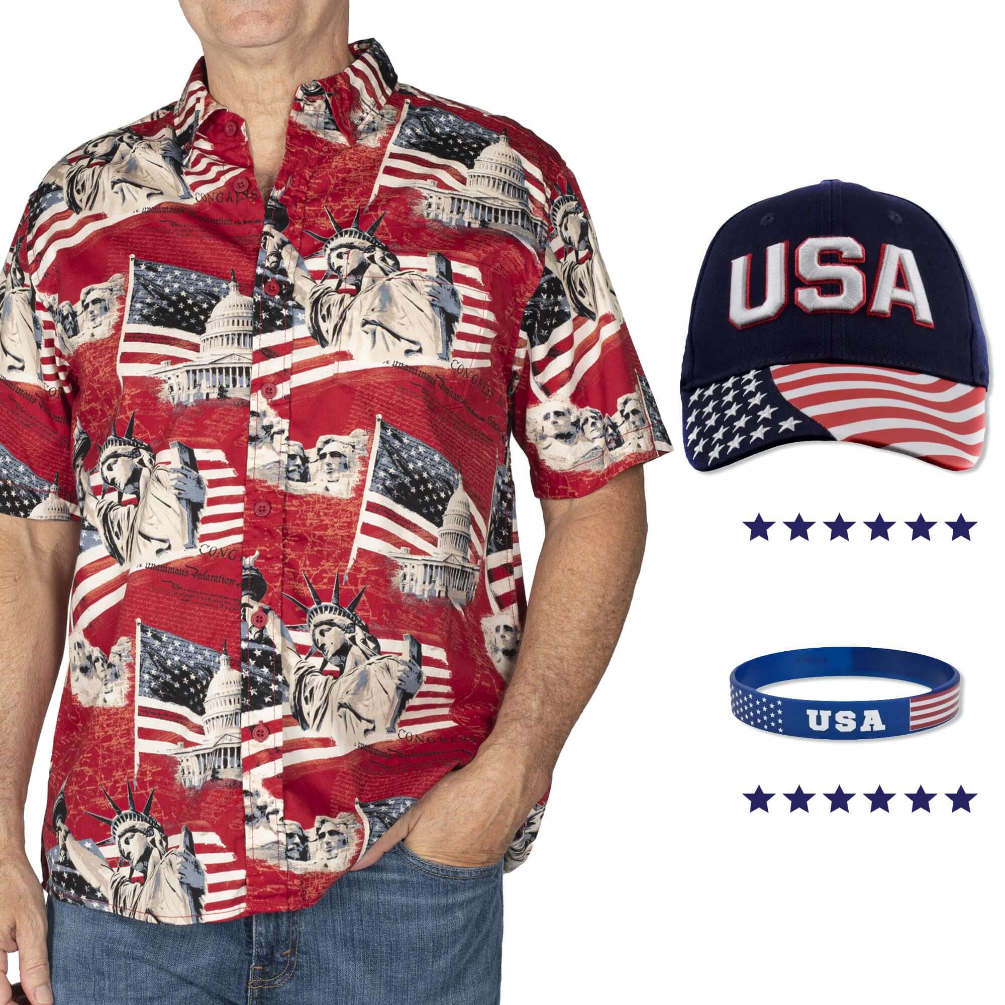 Men's USA Icons Button Down Shirt, Hat, and Wristband Bundle