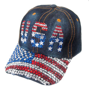 Rhinestone Denim Bling USA Hat