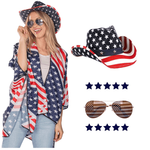 Women's Patriotic Vest, Cowboy Hat, and Sunglasses Bundle