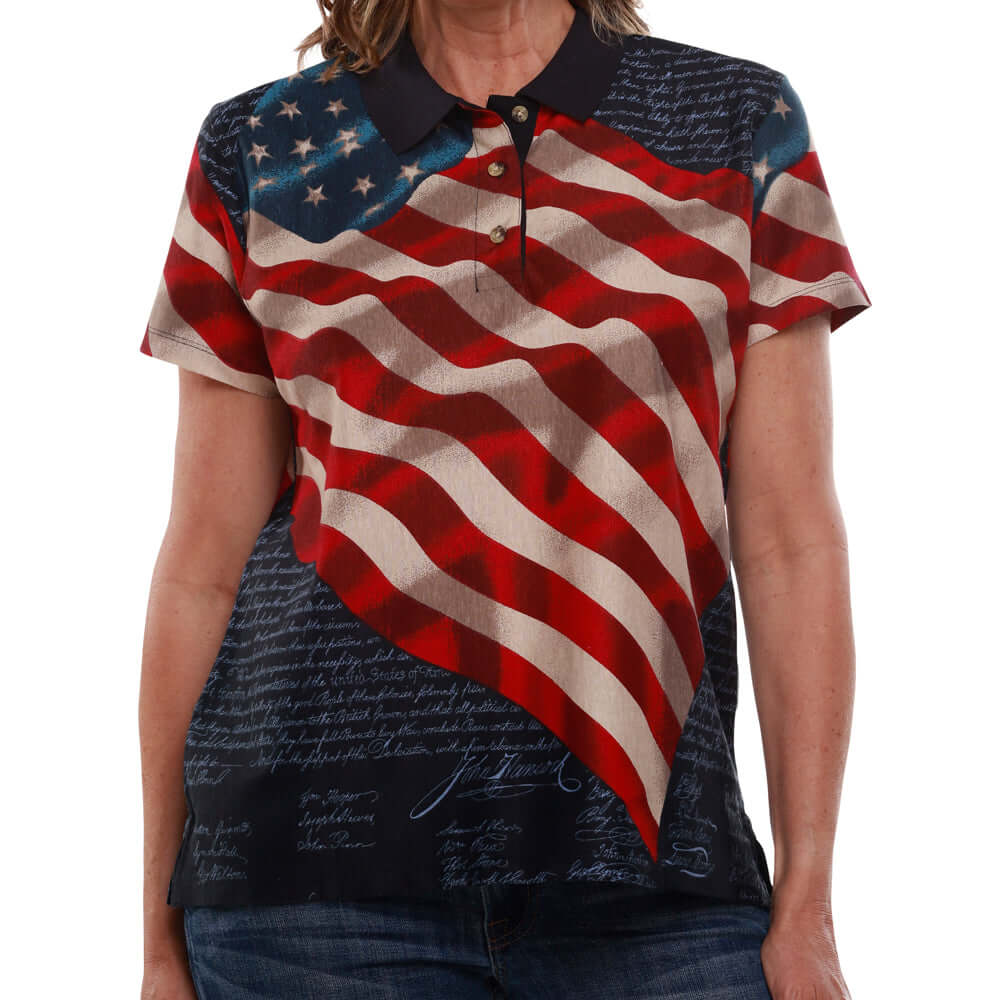 Women's Waving American Flag Polo Shirt