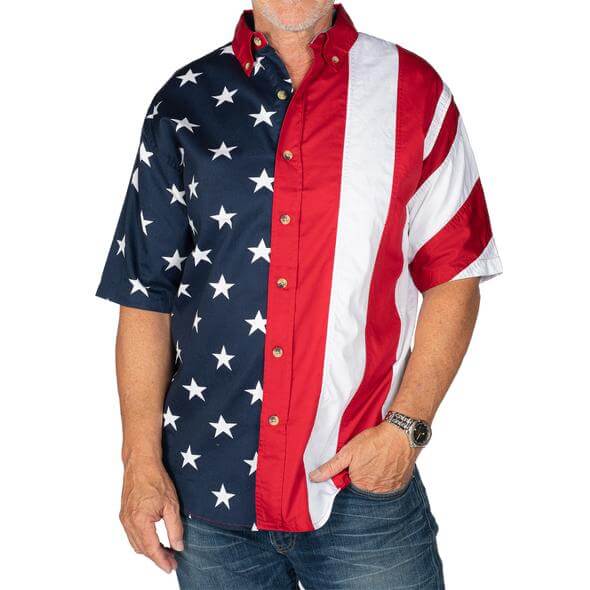 Men's Stars and Stripes Button Down Shirt, Hat, and Wristband Bundle